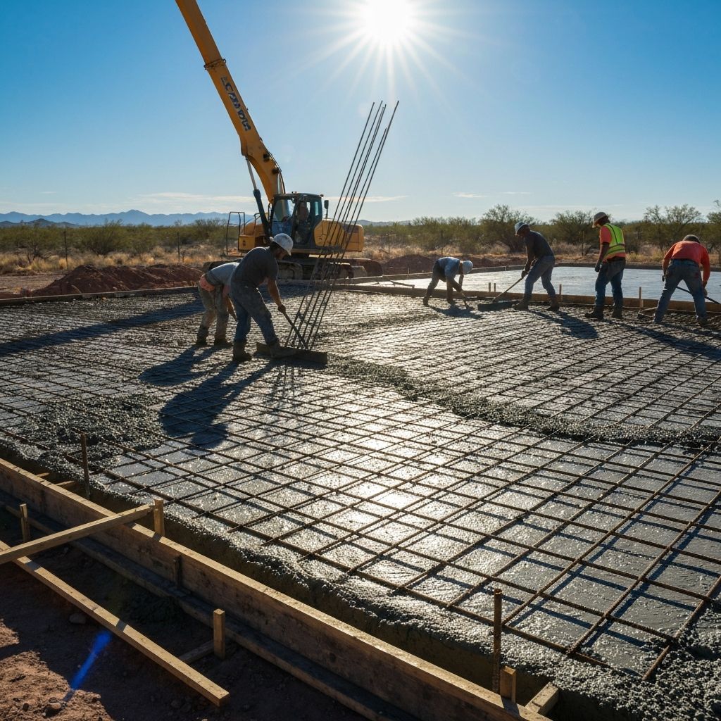 Concrete slab foundation being poured with rebar reinforcement at a construction site in Sun City West, AZ