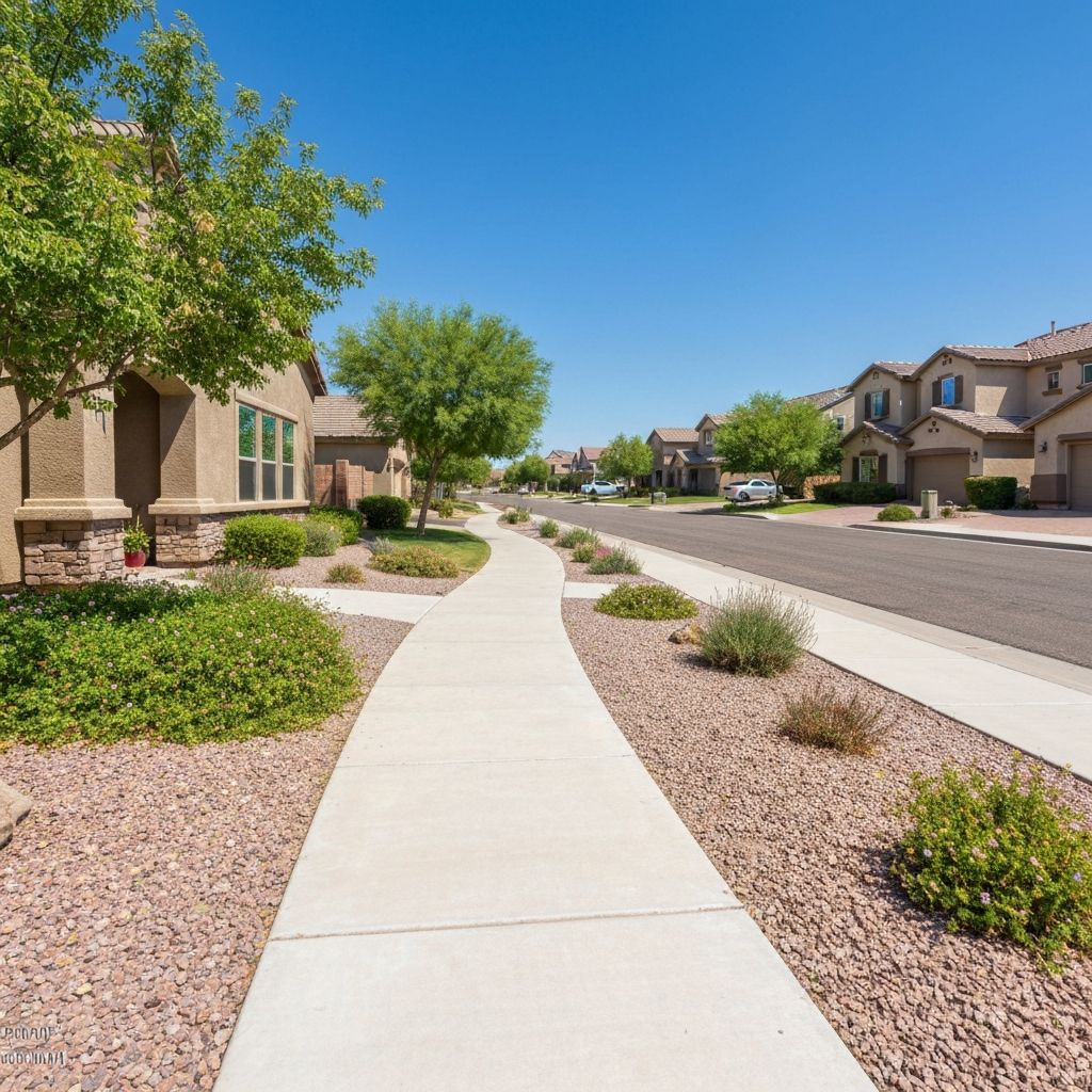 Clean concrete sidewalk and walkway installation in a Sun City West, AZ neighborhood