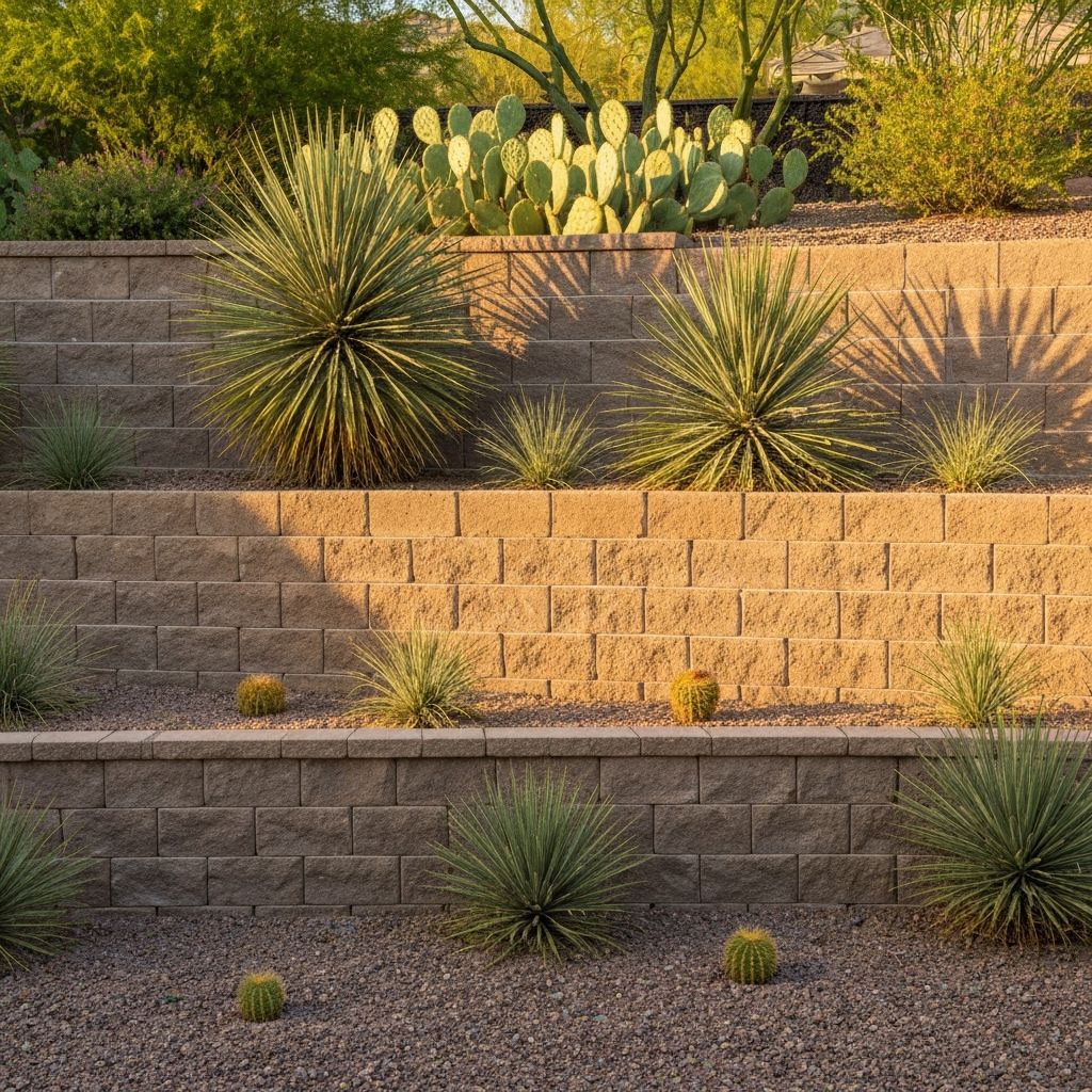 Concrete block retaining wall with tiered landscaping in Sun City West, AZ